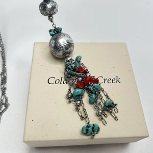 COLDWATER CREEK Long Necklace w/Turquoise & Coral Tassel - Picture 1 of 6
