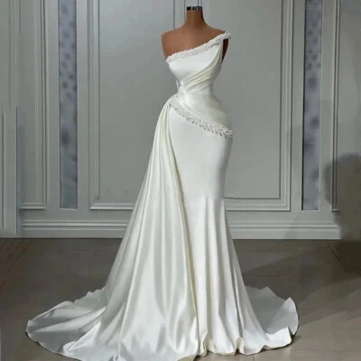 Sexy Wedding Dress Pearl Mermaid Strapless one Shoulder Satin Bridal Gown HOT - Image 1 of 4