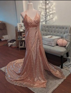 Rose Gold Sequin Evening Gown - Picture 1 of 14