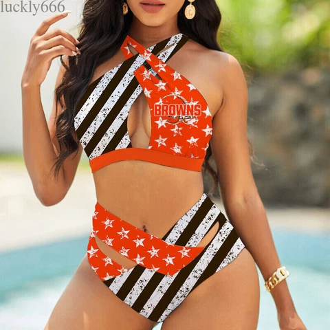 Cleveland Browns Women's Sexy Bikini Set High Waist Swimsuit Beach Swimwear 2PCS Cover