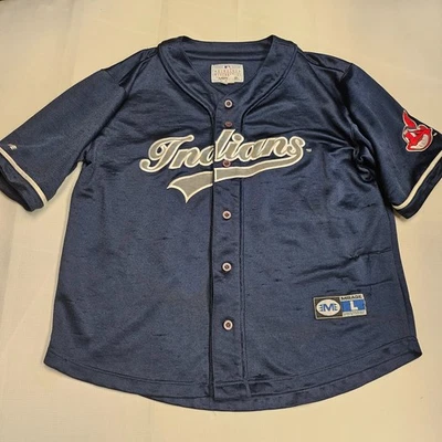 Vintage Mirage MLB Cleveland Indians Baseball Jersey Size Large Navy Blue Button - Image 1 of 4