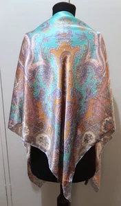 *Huge 134cm Square Turquoise Blue, Orange & Purple Paisley Silk Scarf - Picture 1 of 10