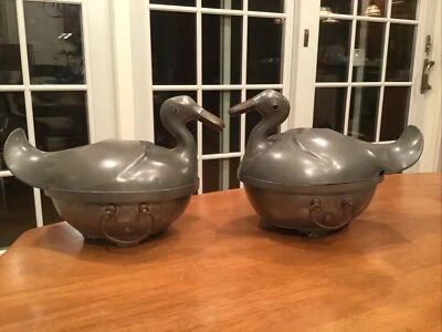 Par de platos para servir verduras de pato + peltre chino antiguo raro cubiertos de cobre Foto 1 de 4