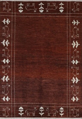 Alfombra oriental moderna con bordes Gabbeh alfombra anudada a mano lana marrón alfombra 5x7 pies Foto 1 de 4