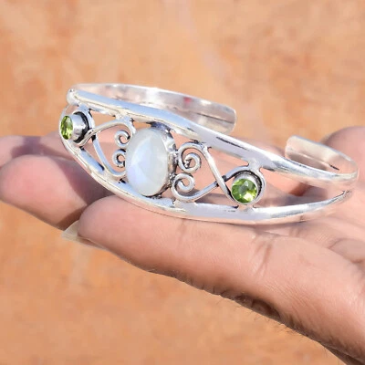 Moonstone & Peridot Cut Gemstone 925 Sterling Silver Fashionable Cuff Bangle - Image 1 of 4