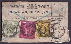 1888 Welsh Parcel Post Label NEWTOWN, MONT. 1/- + 6d + 3d Jubilee Perfins Scarce - Picture 1 of 1