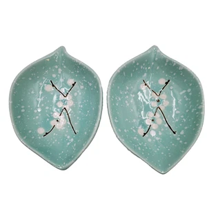 Japanese Teal Leaf Saucer Sauce Trinket Dish Floral Speckled Dipping Candy Foote - Picture 1 of 8