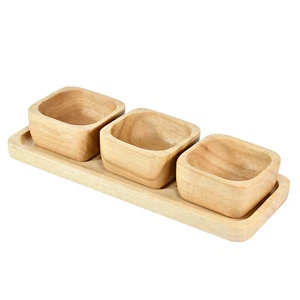 Functional Snack Plate with Three Square Bowl Kitchen Brown Rubber Tree Wood Set - Picture 1 of 5
