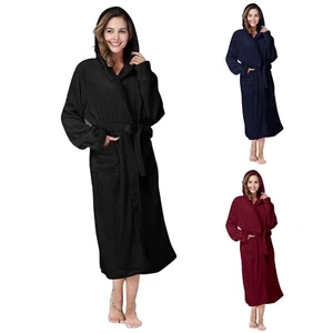 Women Hooded Fleece Bathrobe Lightweight Soft Plush Long Flannel Sleepwear - Picture 1 of 32