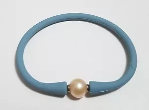 Unisex Blue Silicon Rubber Bracelet Pink /Peach Pearl Stainless Steel Post 7" - Picture 1 of 5