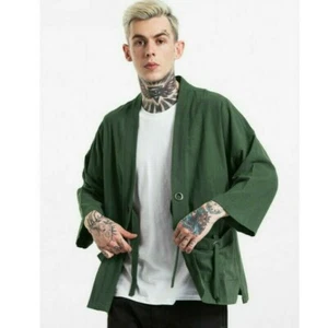 Men Japanese Yukata Coat Kimono Outerwear Cotton Linen Retro Loose Top Solid New - Picture 1 of 13