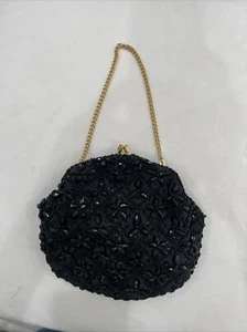 Safco Bag Black Beaded Sequins  Evening Purse Glam Goldtone Chain Vintage - Picture 1 of 6
