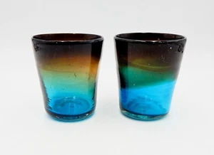 Azul Ámbar Ombre Mexicano Soplado a Mano Vasos Jugo Bola Baja Antiguo Par - Imagen 1 de 7