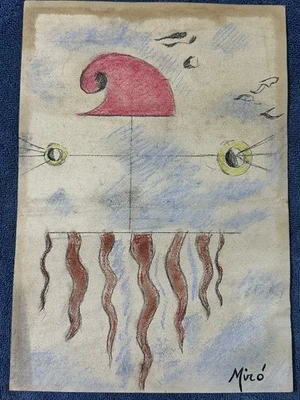 desenho e pintura de joan miro em papel antigo assinado carimbado vintage - Imagem 1 de 3