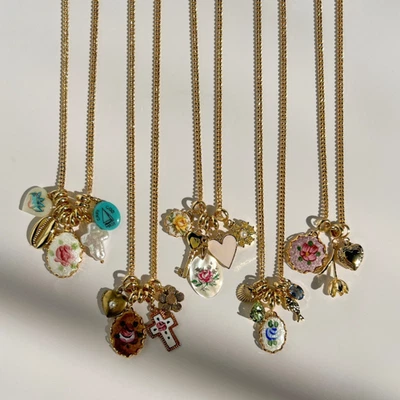 Dije Racimo Collar Oro Floral Esmalte Corazón Perla Cruz Colgante Vintage Foto 1 de 4