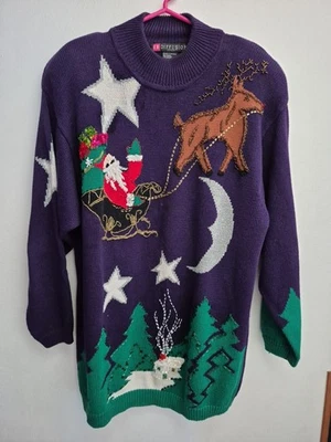 复古 UGLY CHRISTMAS 针织衫女式 LG 串珠 SANTA REINDEER 带状困难 — 第 1/4 张图片