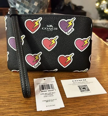 Coach Corner Zip Wristlet With Heart Bolt Print NWT - Image 1 of 4