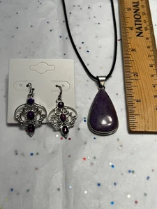 Natural Purple Lepidolite 925 Silver Plated Gemstone Pendant W Fashion Earrings - Picture 1 of 14