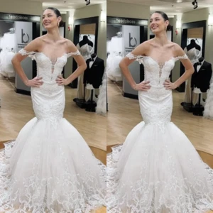 Mermaid Wedding Dresses V Neck Sweep Train Elegant Short Sleeves Bridal Gowns - Picture 1 of 14