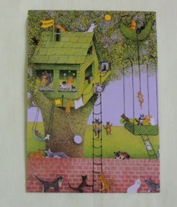 1x Postkarten Pat Scott Katzen BAUMHAUS - Kunst viele Fantasie Tiere - Picture 1 of 2