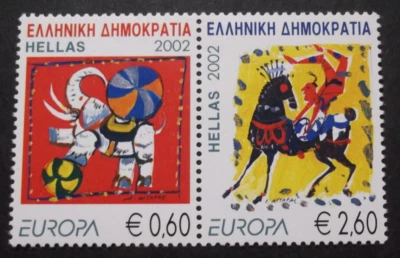 Grecia, EUROPA CEPT 2002, "Circo", Juego perforado, 2 sellos griegos Se-Tenant, MNH Foto 1 de 2