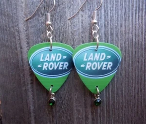 Land Rover Guitar Pick Earrings with Green Crystal Charm Dangles - Picture 1 of 4