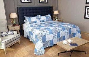 Colcha acolchada de cama individual a cuadros azul blanco marino 180 cm x 240 cm - Imagen 1 de 4