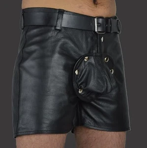 AW-537 Gay kurze lederhose Ledershorts front pouch abnehmbar,leder shorts Gr.36W - Picture 1 of 3