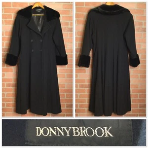 Vintage Donnybrook Long Black Wool Coat Faux Fur Trim Double Breasted Size 14 - Picture 1 of 7