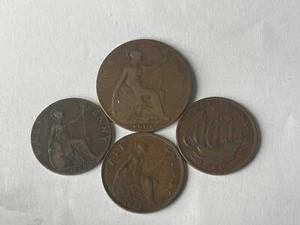 Lot of 4 British Coins:1908 One Penny, 1900, 1932 and 1940 Half Cents - Picture 1 of 17