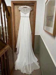 New with Tags Justin Alexander Ivory Dress with Beaded Portrait Neckline (UK 12) - Picture 1 of 5