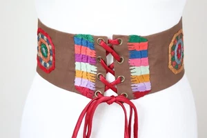Vintage 70er Jahre Korsett Gürtel - bestickte Baumwolle - braun / bunt - XS - Bild 1 von 8
