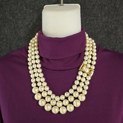 3 Strand Pearl Moon River Bow Kate Spade Statement Necklace Gold Ivory Tone - Image 1 of 4