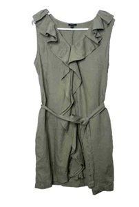 Talbots Size 14 Green 100% Linen Dress Ruffle Front V Neck Belt Knee Length - Picture 1 of 7