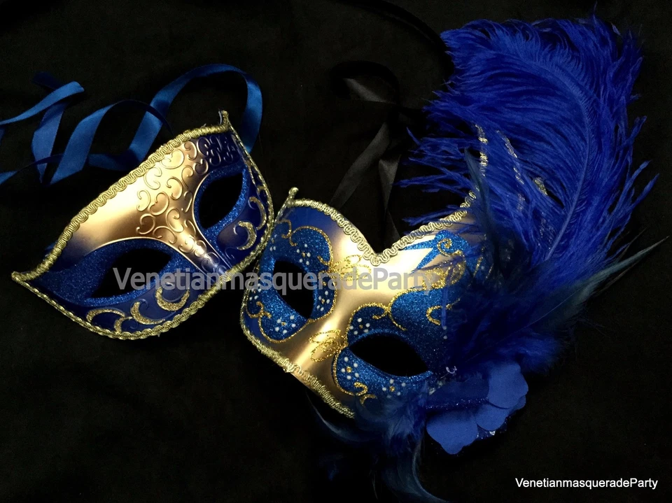Royal Gold Couple Masquerade ball Ostrich feather mask Halloween Costume Party - Image 1 of 1
