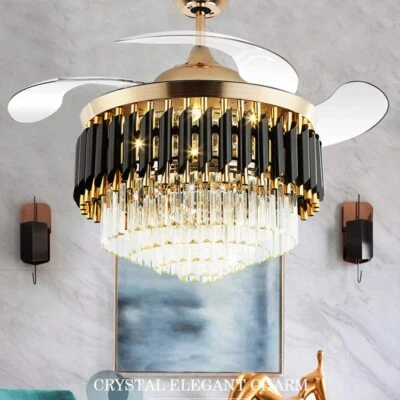 42" Luxury Crystal Gold Chandeliers Remote Control Retractable Ceiling Fan Lamp - Image 1 of 4