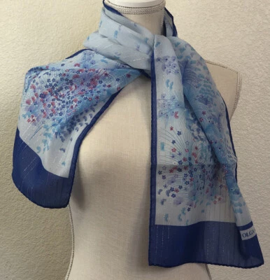 Bufanda floral vintage Olga Greco Italia cosida a mano azul rosa hilos metálicos 12x50 Foto 1 de 4