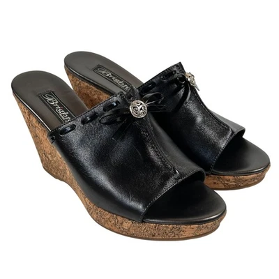 Brighton Shore Black Leather Wedge Sandals Slides Cork Heel Size 6M Bow Accent - Image 1 of 4