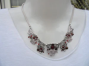 Halskette Collier silber antik rot okker Glas Strass Trachten Vintage Statement - Bild 1 von 1