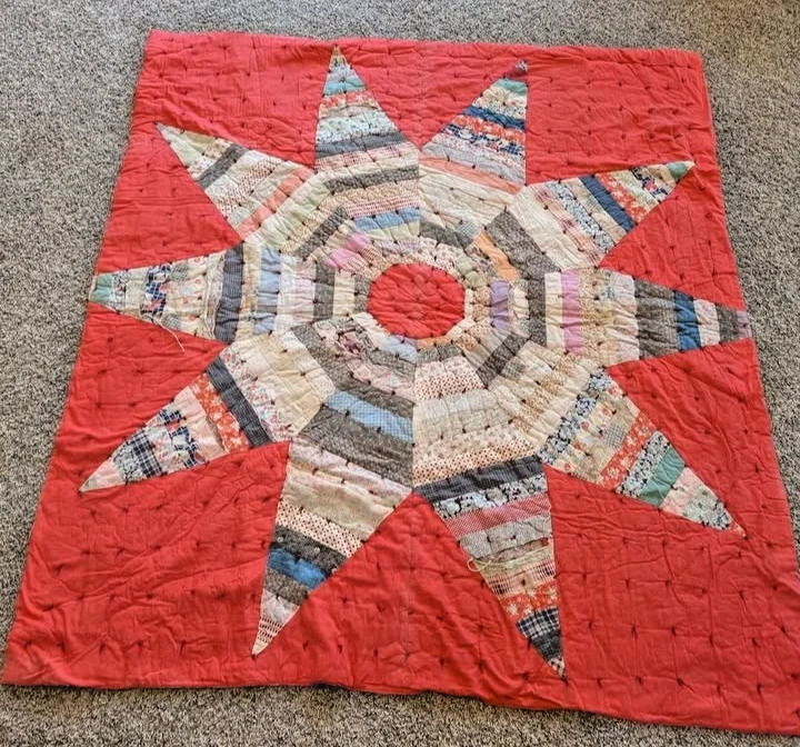 Antique Red Handmade Hand Sewn and Tied Star Quilt 85x75 Full Size Blanket - Image 1 of 4