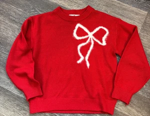 Christmas Bow Sweater H&M Red & White Holiday Party Girls 12/14 - Picture 1 of 3