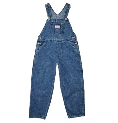 Macacão jeans vintage OshKosh B’gosh meninas 6X azul calça jeans etiqueta rosa - Imagem 1 de 4