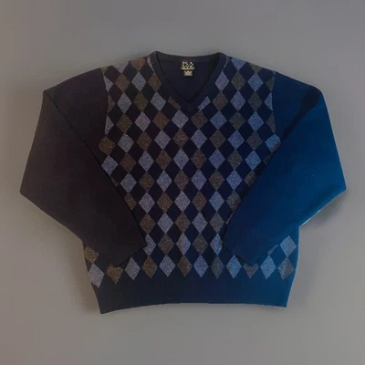 Suéter de Lana de Cordero Jos A Bank M Azul Marino Argyle Cuello en V Clásico Tejido Preppy Foto 1 de 4