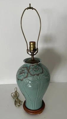 Vintage Jade Green Crackled Ceramic Floral Celadon Chinese Lamp Signed Wood Base - Image 1 of 4