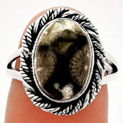 Anillo de plata de ley 925 coral fósil flor negra natural s.7 joyería R-1014 Foto 1 de 4