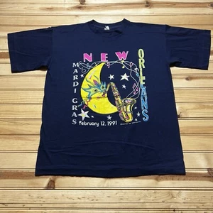 Vintage 90s 1991 New Orleans Mardi Gras Moon Sax Jazz Art Shirt Size Large - Picture 1 of 10