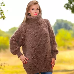 HANDMADE brown mohair sweater fuzzy pullover thick jumper SuperTanya XL-XXL - Picture 1 of 7