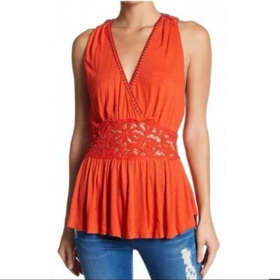 Blusa sin mangas Free People naranja cuello en V con inserción de encaje talla pequeña nueva con etiquetas boho colorida Foto 1 de 4