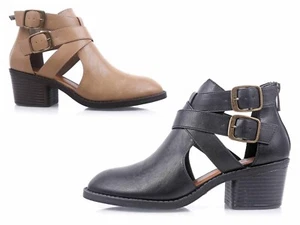 BAMBOO Faux Leather Zip Open Cuban Heels Womens Ankle High Booties Sandals - Picture 1 of 13