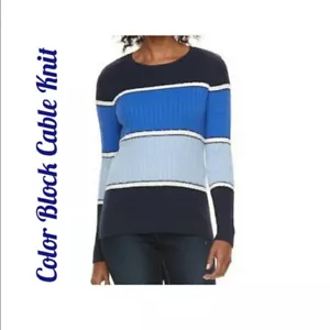 Zopfmuster Pullover 100% Baumwolle Blau Farbblock Gestreift Rundhals XL Neu mit Etikett - Bild 1 von 2